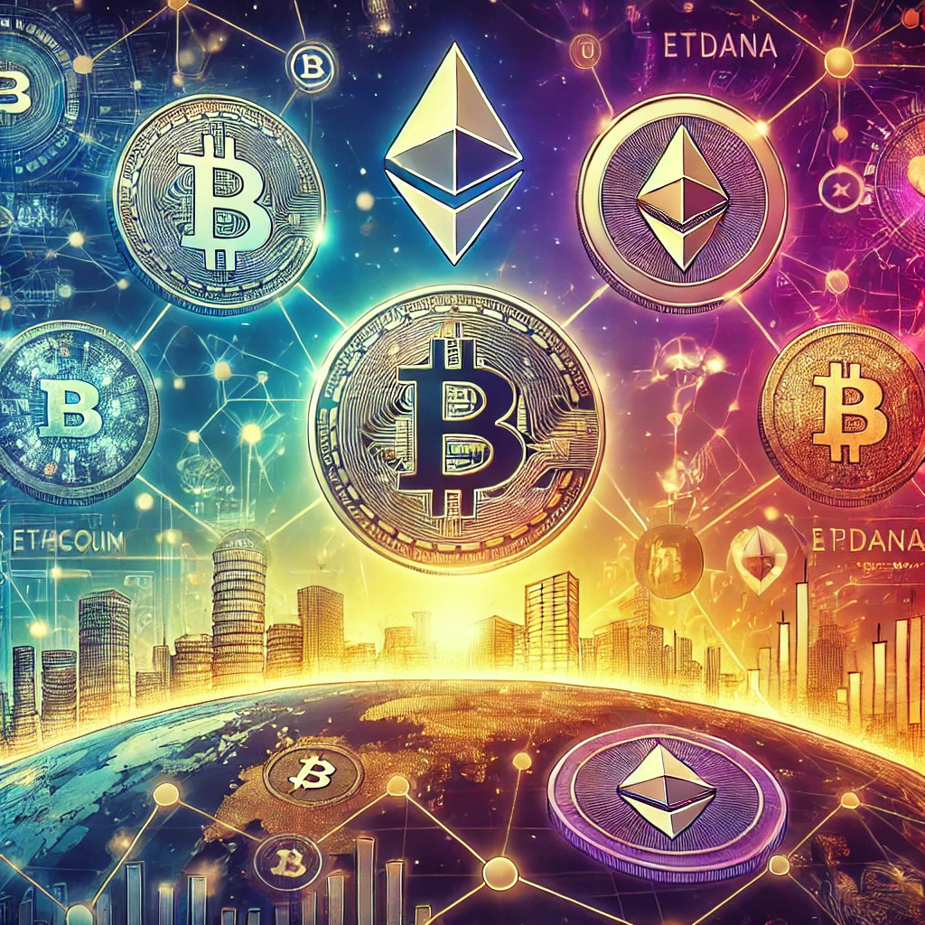 This image depicts a futuristic digital landscape that symbolizes the dynamic and rapidly evolving cryptocurrency market of 2024. Key cryptocurrencies like Bitcoin, Ethereum, Solana, Cardano, and Avalanche are visually represented alongside blockchain technology and regulatory symbols. The background features a global network with interconnected nodes, reflecting the expanding reach of cryptocurrencies across various industries. The vibrant and dynamic color scheme underscores the innovation and growth occurring within the crypto space.