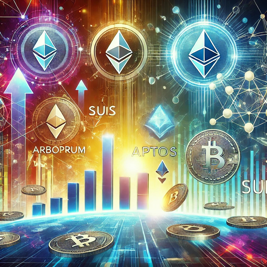 This image represents the concept of the next big cryptocurrency, featuring futuristic symbols of emerging crypto projects such as Arbitrum, Aptos, and Sui, as well as Layer 2 solutions. The background showcases a modern digital landscape with vibrant colors and elements like ascending charts, digital coins, and abstract representations of growth. The overall theme emphasizes the potential and innovation driving the next wave of significant developments in the cryptocurrency market.