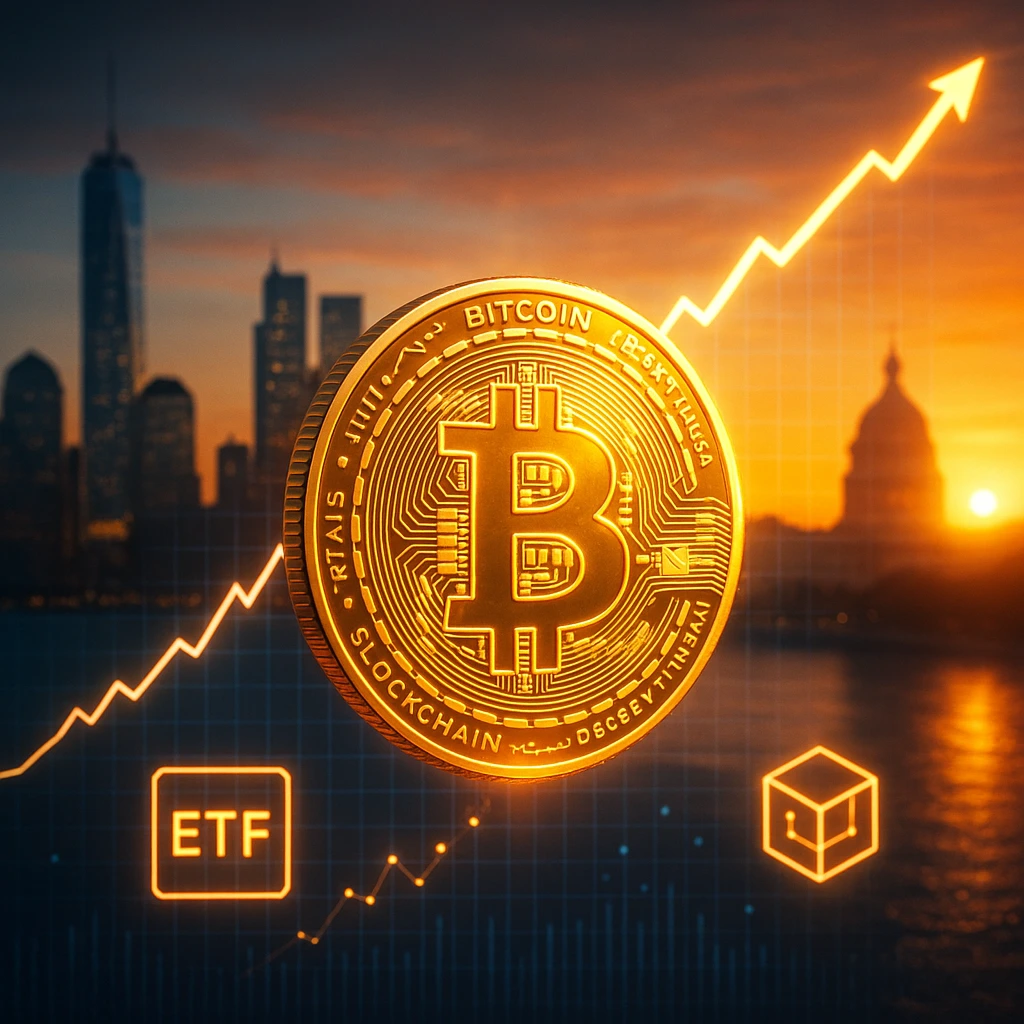 A hyper-realistic digital artwork of a radiant golden Bitcoin coin, glowing with intricate digital circuit patterns.