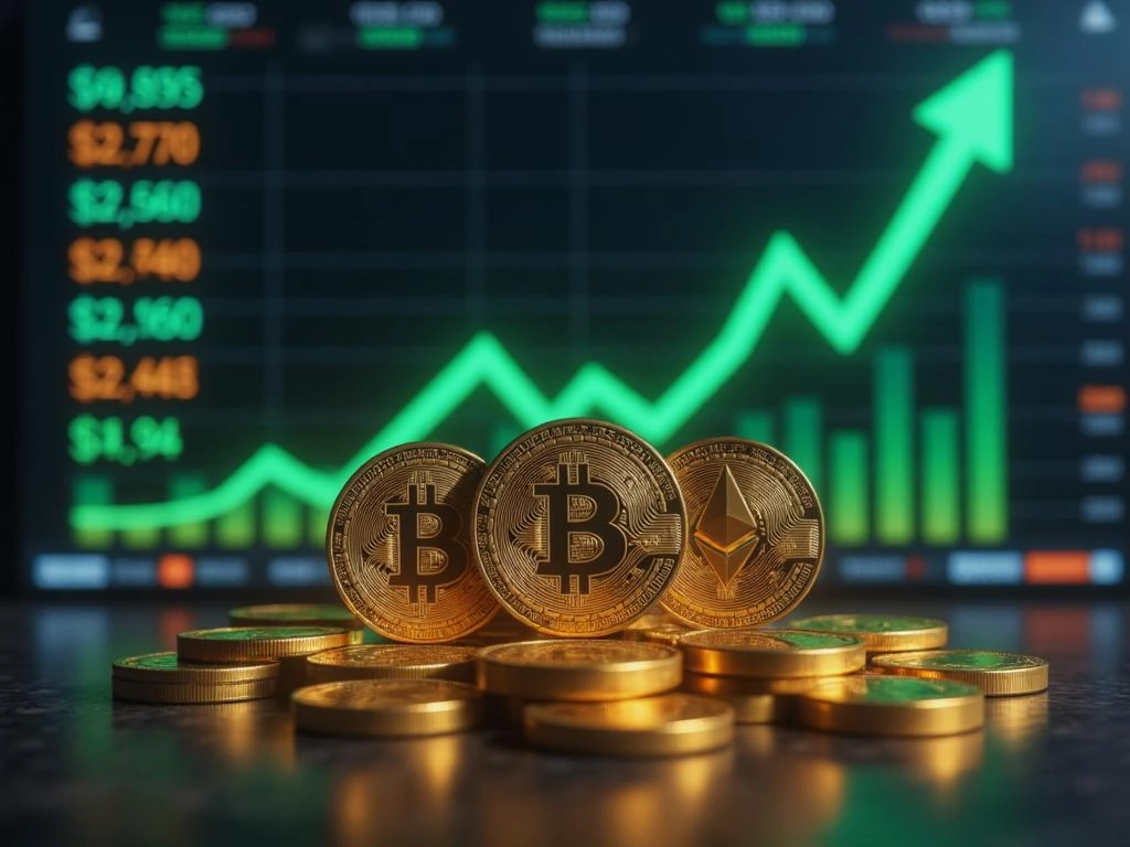 Illustration of Bitcoin, Ethereum, and XRP with glowing price charts showing a crypto market rally, highlighting Bitcoin at $108,635, Ethereum at $2,560, and XRP at $2.24 with bullish green arrows on a futuristic trading background.