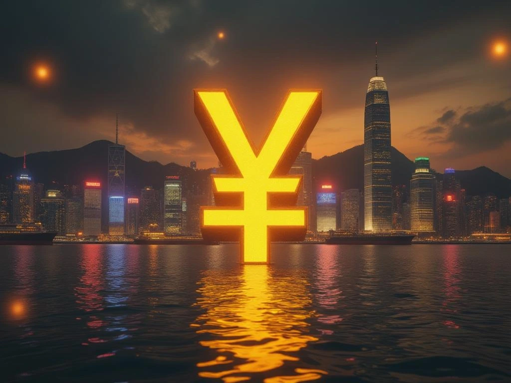 Illustration of a glowing golden yuan symbol in front of Hong Kong’s skyline with blockchain network connections and world currencies, representing China’s offshore stablecoin initiative.