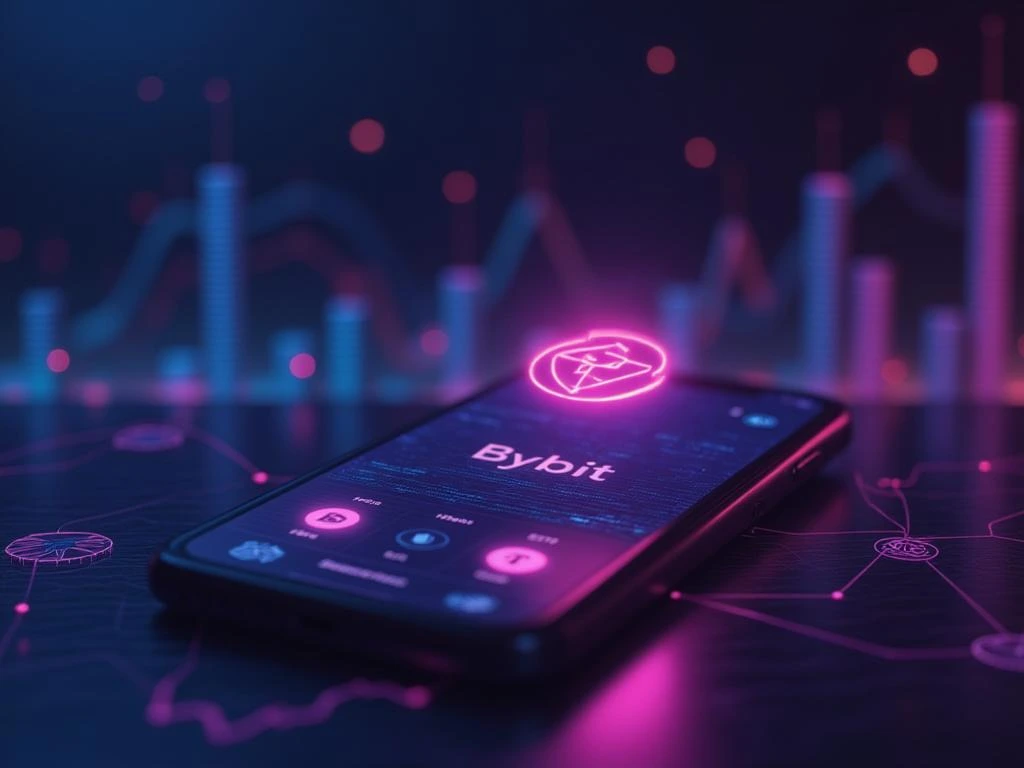 Smartphone with Bybit app interface, Apple Pay and Google Pay icons, U.S. flag background, and crypto wallet symbols representing secure digital trading and support in the USA.